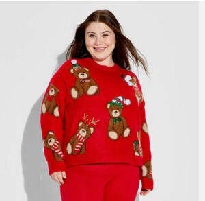Teddy Bear Print Festive Graphic Red Sweater Sz Medium NWT 33 Degrees